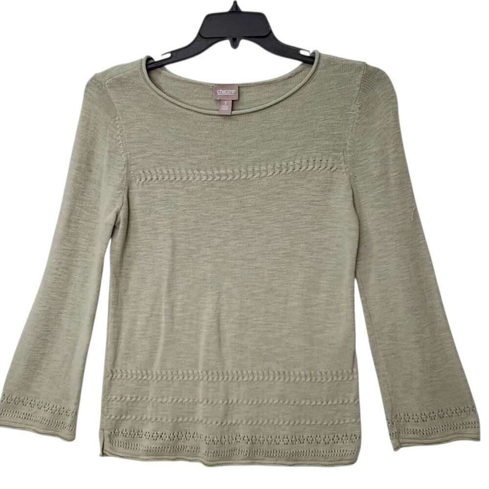 CHICOS LIGHTWEIGHT SAGE GREEN SWEATER SZ MED 1 CROCHET TRIM CASUAL CAREER COMFY